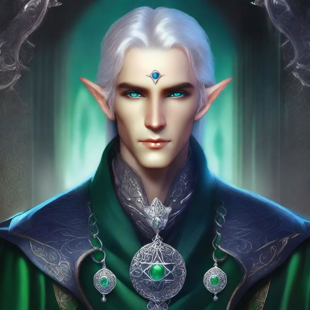 A young noble elven wizard with dark ash-colored skin and short silver hair