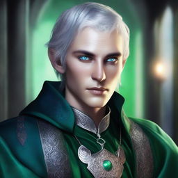 A young noble elven wizard with dark ash-colored skin and short silver hair