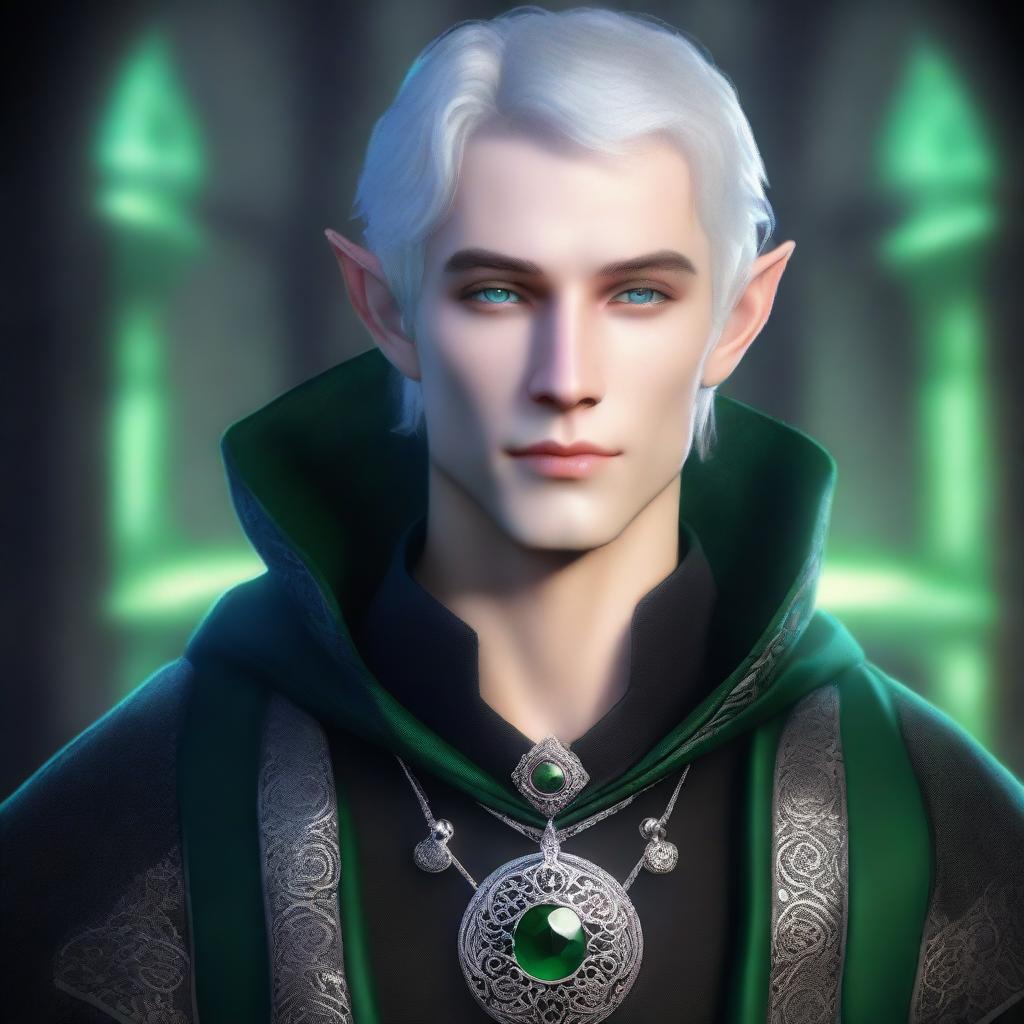 A young noble elven wizard with ash-colored skin and short silver hair