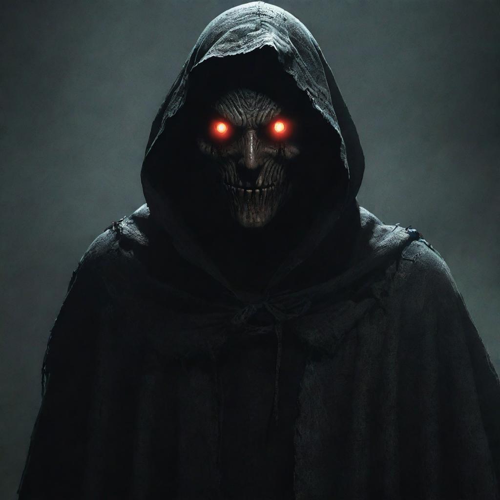 A menacing character from a horror video game with glowing eyes, a tattered cloak, sinister grin, and eerie aura