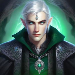 A young noble elven wizard with ash-colored skin and short silver hair