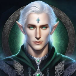 A young noble elven wizard with ash-colored skin and short silver hair