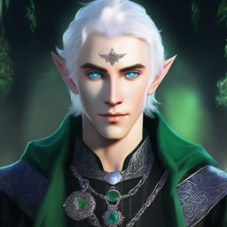 A young noble elven wizard with ash-colored skin and short silver hair