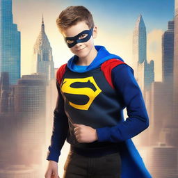 Create a book cover featuring a teenage boy who becomes a superhero after being mentored by a retiring spy