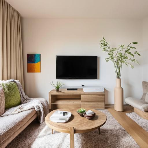 A cozy and well-lit living room with a comfortable sofa, a large flat-screen TV, a coffee table with a vase of flowers, and walls displaying tastefully chosen artwork.