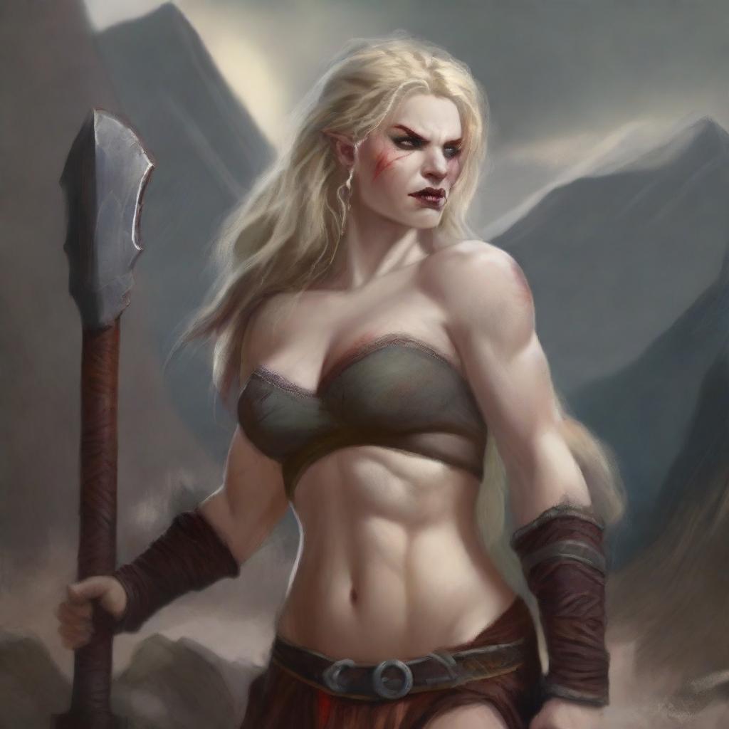 Create an image of a half-orc barbarian who is a beautiful woman with white skin, red eyes, and blond hair