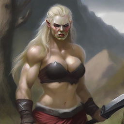 Create an image of a half-orc barbarian who is a beautiful woman with white skin, red eyes, and blond hair