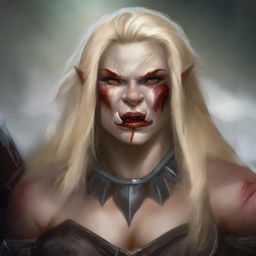 Create an image of a half-orc barbarian who is a beautiful woman with white skin, red eyes, and blond hair