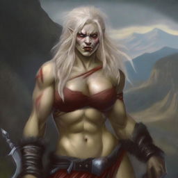 Create an image of a half-orc barbarian who is a beautiful woman with white skin, red eyes, and blond hair