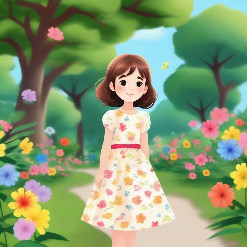 A small girl standing in a serene park, surrounded by lush greenery and colorful flowers