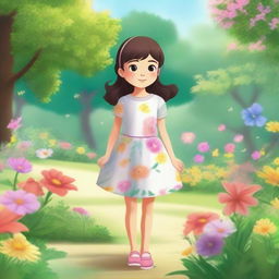 A small girl standing in a serene park, surrounded by lush greenery and colorful flowers