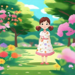 A small girl standing in a serene park, surrounded by lush greenery and colorful flowers