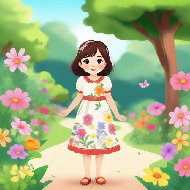 A small girl standing in a serene park, surrounded by lush greenery and colorful flowers