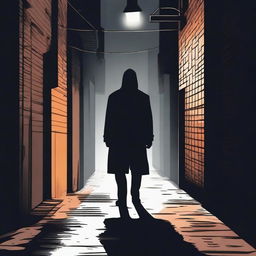 A dark alleyway at night with a shadowy figure committing a crime