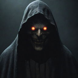 A menacing character from a horror video game with glowing eyes, a tattered cloak, sinister grin, and eerie aura