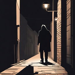 A dark alleyway at night with a shadowy figure committing a crime