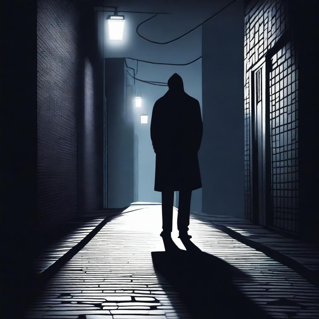 A dark alleyway at night with a shadowy figure committing a crime