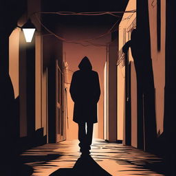 A dark alleyway at night with a shadowy figure committing a crime