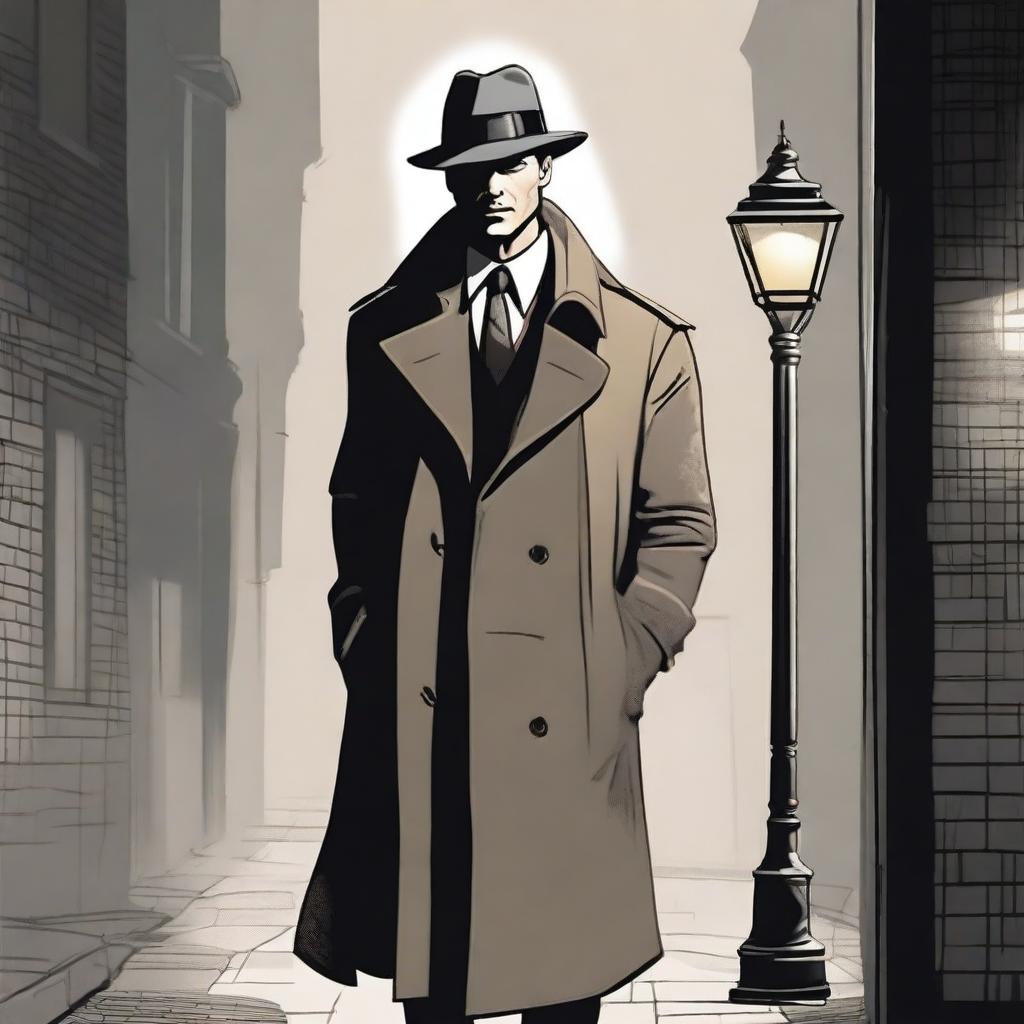 A detailed illustration of a classic detective in a trench coat and fedora, standing under a streetlight in a foggy alleyway