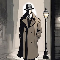 A detailed illustration of a classic detective in a trench coat and fedora, standing under a streetlight in a foggy alleyway