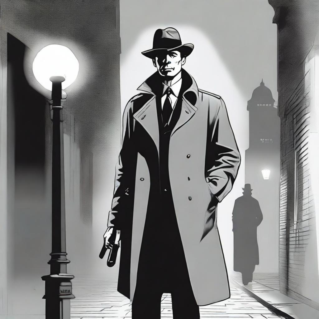 A detailed illustration of a classic detective in a trench coat and fedora, standing under a streetlight in a foggy alleyway