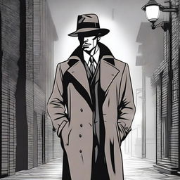 A detailed illustration of a classic detective in a trench coat and fedora, standing under a streetlight in a foggy alleyway