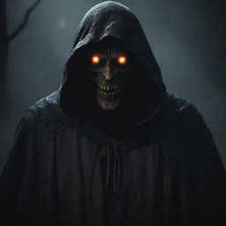 A menacing character from a horror video game with glowing eyes, a tattered cloak, sinister grin, and eerie aura