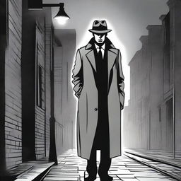 A detailed illustration of a classic detective in a trench coat and fedora, standing under a streetlight in a foggy alleyway