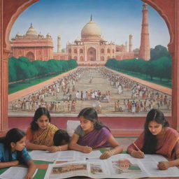 A vibrant and inspiring poster showcasing Indian Education. In the foreground, students studying with the backdrop showcasing India's monuments to represent its rich culture and tradition