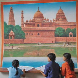 A vibrant and inspiring poster showcasing Indian Education. In the foreground, students studying with the backdrop showcasing India's monuments to represent its rich culture and tradition