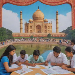 A vibrant and inspiring poster showcasing Indian Education. In the foreground, students studying with the backdrop showcasing India's monuments to represent its rich culture and tradition