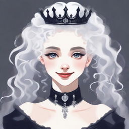 A front-facing portrait of a girl with white curly hair, wearing a black dress and a black crown on her head