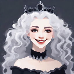 A front-facing portrait of a girl with white curly hair, wearing a black dress and a black crown on her head