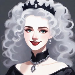 A front-facing portrait of a girl with white curly hair, wearing a black dress and a black crown on her head