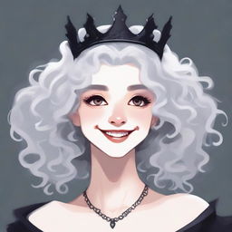 A front-facing portrait of a girl with white curly hair, wearing a black dress and a black crown on her head