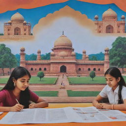 A vibrant and inspiring poster showcasing Indian Education. In the foreground, students studying with the backdrop showcasing India's monuments to represent its rich culture and tradition