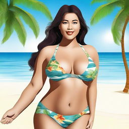 Create an image featuring a hot, curvy Filipino woman in a stylish bikini