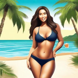 Create an image featuring a hot, curvy Filipino woman with a darker skin tone in a stylish bikini