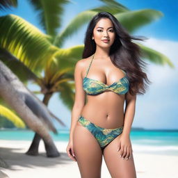 Create an image featuring a hot, curvy Filipino woman with a darker skin tone in a stylish bikini