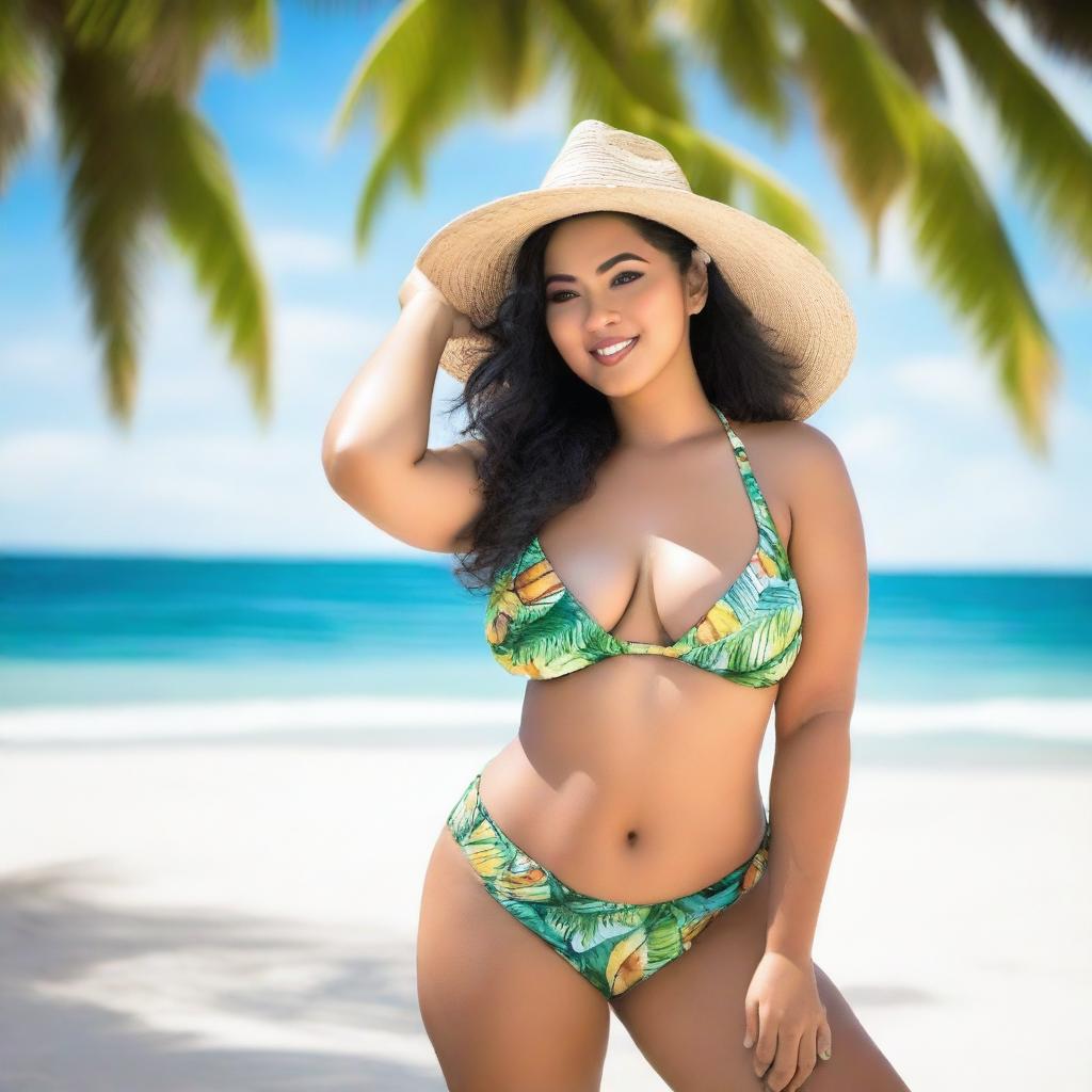 Create an image featuring a hot, curvy Filipino woman with a darker skin tone in a stylish bikini