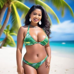 Create an image featuring a hot, curvy Filipino woman with a darker skin tone in a stylish bikini