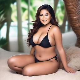 Create an image featuring a hot, curvy Filipino woman with a darker skin tone in a stylish bikini