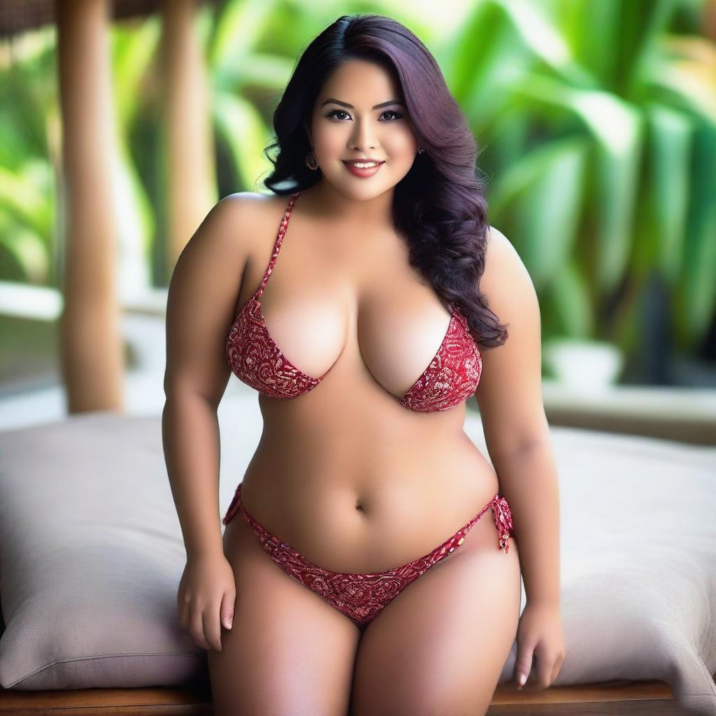 Create an image featuring a hot, curvy Filipino woman with a darker skin tone in a stylish bikini