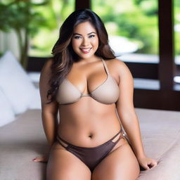 Create an image featuring a hot, curvy Filipino woman with a darker skin tone in a stylish bikini