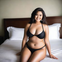 Create an image featuring a hot, curvy Filipino woman with a darker skin tone in a stylish bikini