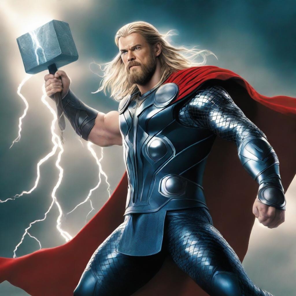 A detailed illustration of Thor, the Norse god of thunder, wielding his mighty hammer Mjolnir