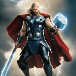 A detailed illustration of Thor, the Norse god of thunder, wielding his mighty hammer Mjolnir