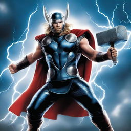 A detailed illustration of Thor, the Norse god of thunder, wielding his mighty hammer Mjolnir