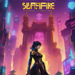 A futuristic cyberpunk book cover for a fighting novel titled 'Sunspire Citadel'