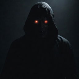 A sinister horror game character lurking in the shadows, with glowing eyes and garbs of darkness, embodying the aura of fear and dread.
